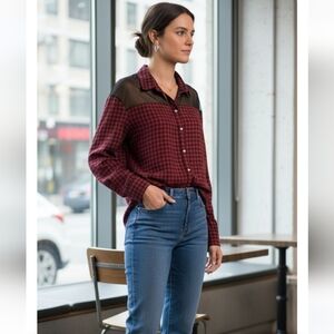 Zara Red and Black Checkered Sheer Panel Shirt